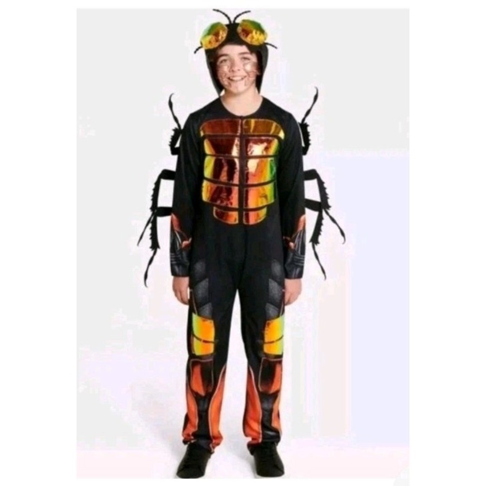 Hyde and EEK Kids Beetle Bug Costume Medium 8 Black Orange Insect Jumpsuit NWT